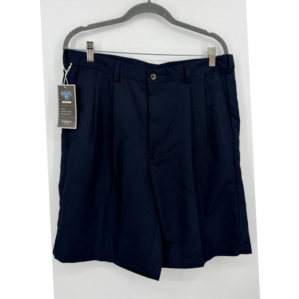 Haggar‎ Cool 18 Mens Pleated Navy Blue Performance Shorts 34W NWT